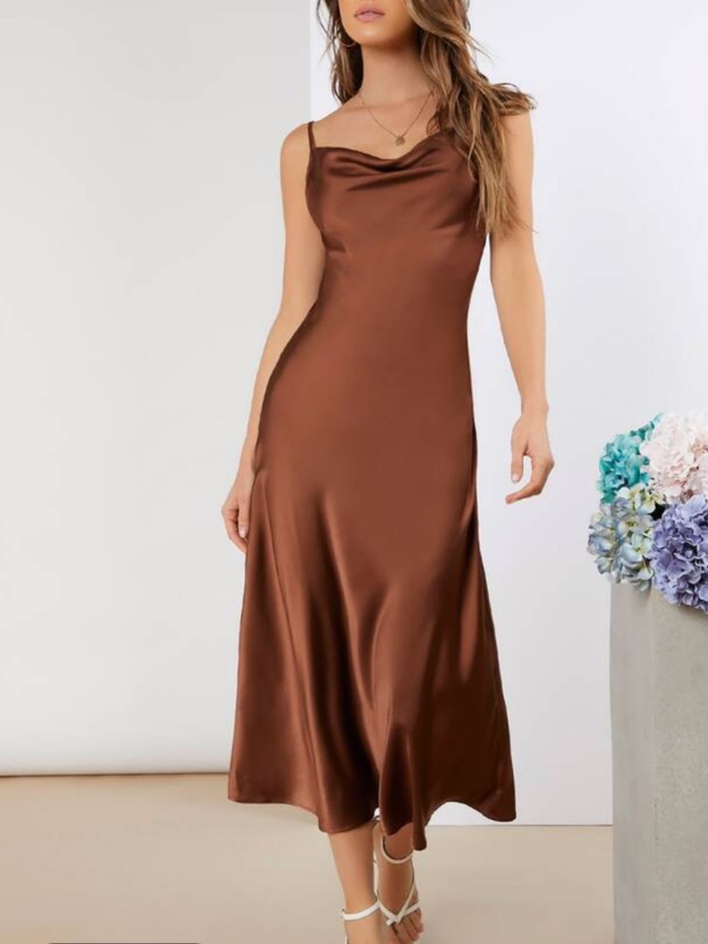 Satin Slip Midi Dress in Brown